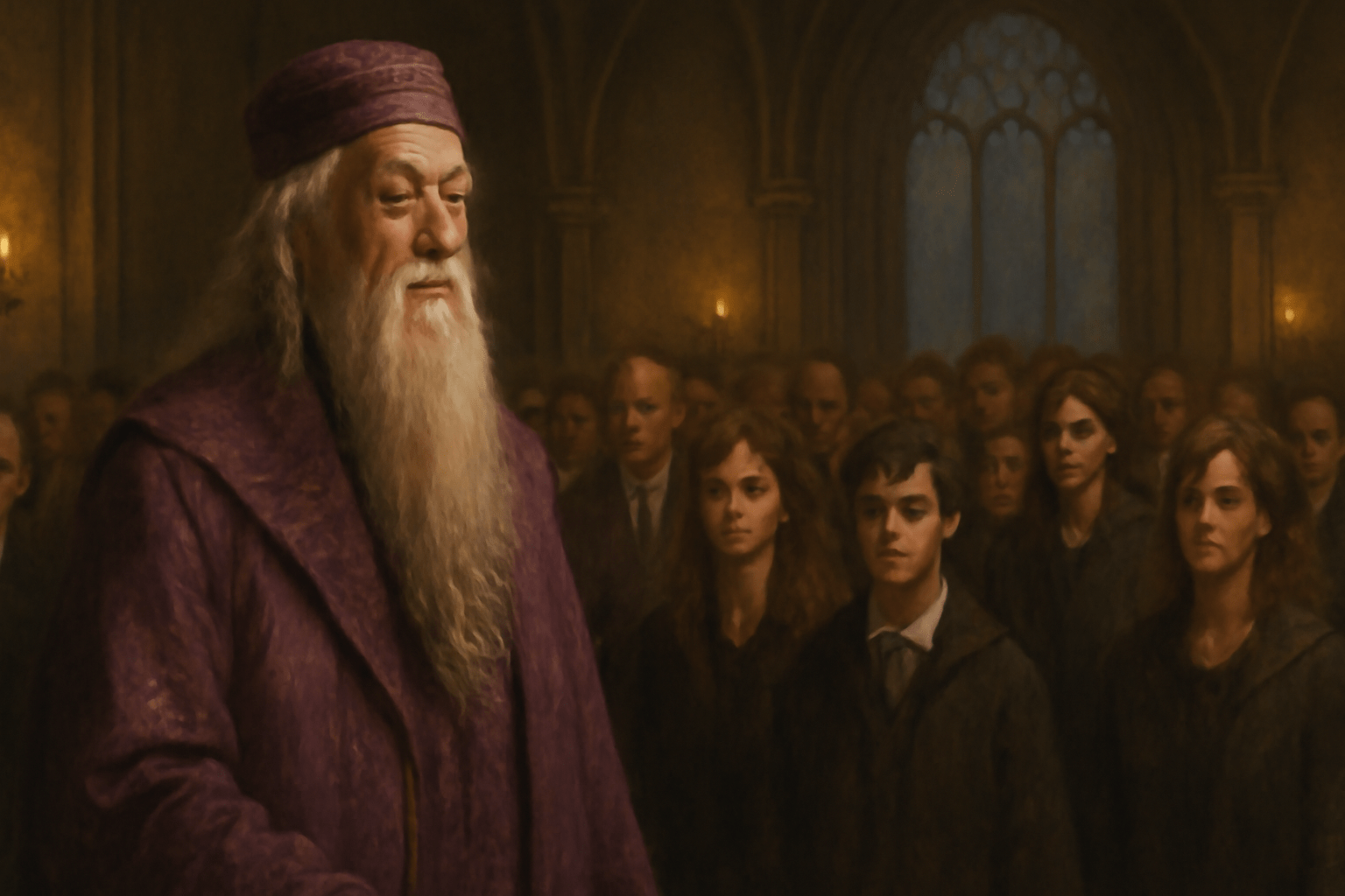 Albus Dumbledore standing before a group of students in a grand hall at Hogwarts. His calm and authoritative presence contrasts with the attentive expressions of the students. The warm glow from stained-glass windows enhances the solemn atmosphere.