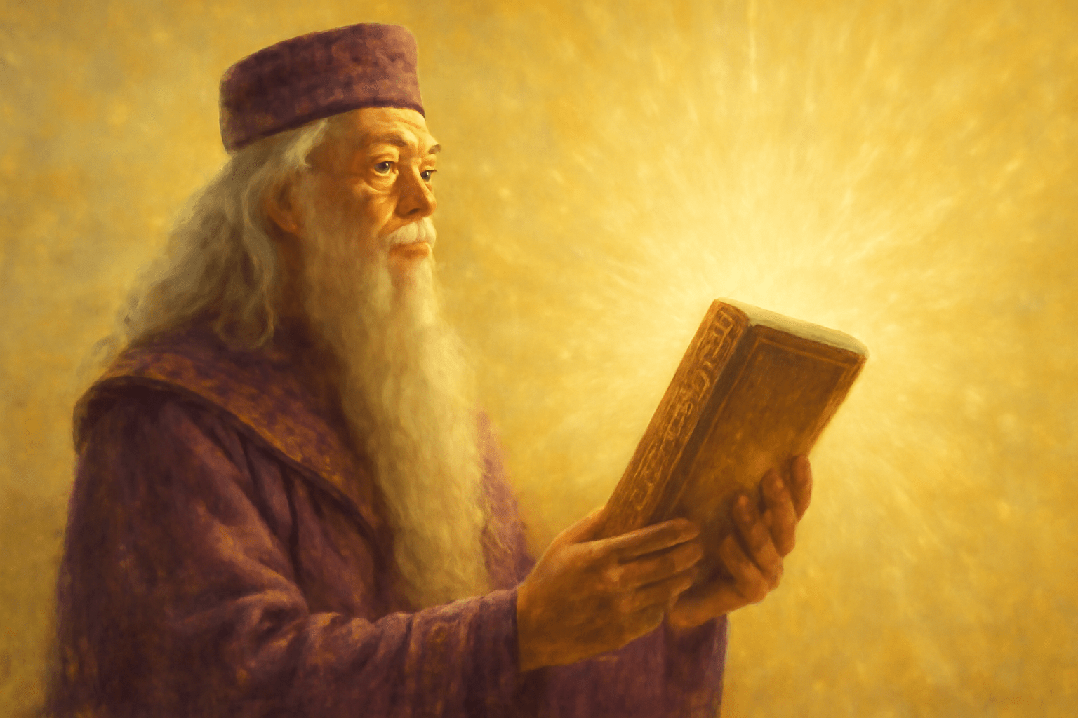 Albus Dumbledore holding an ancient glowing book, bathed in radiant light. The soft golden aura surrounding him emphasizes his wisdom and power. His focused expression and rich purple robes highlight his iconic and inspirational presence.