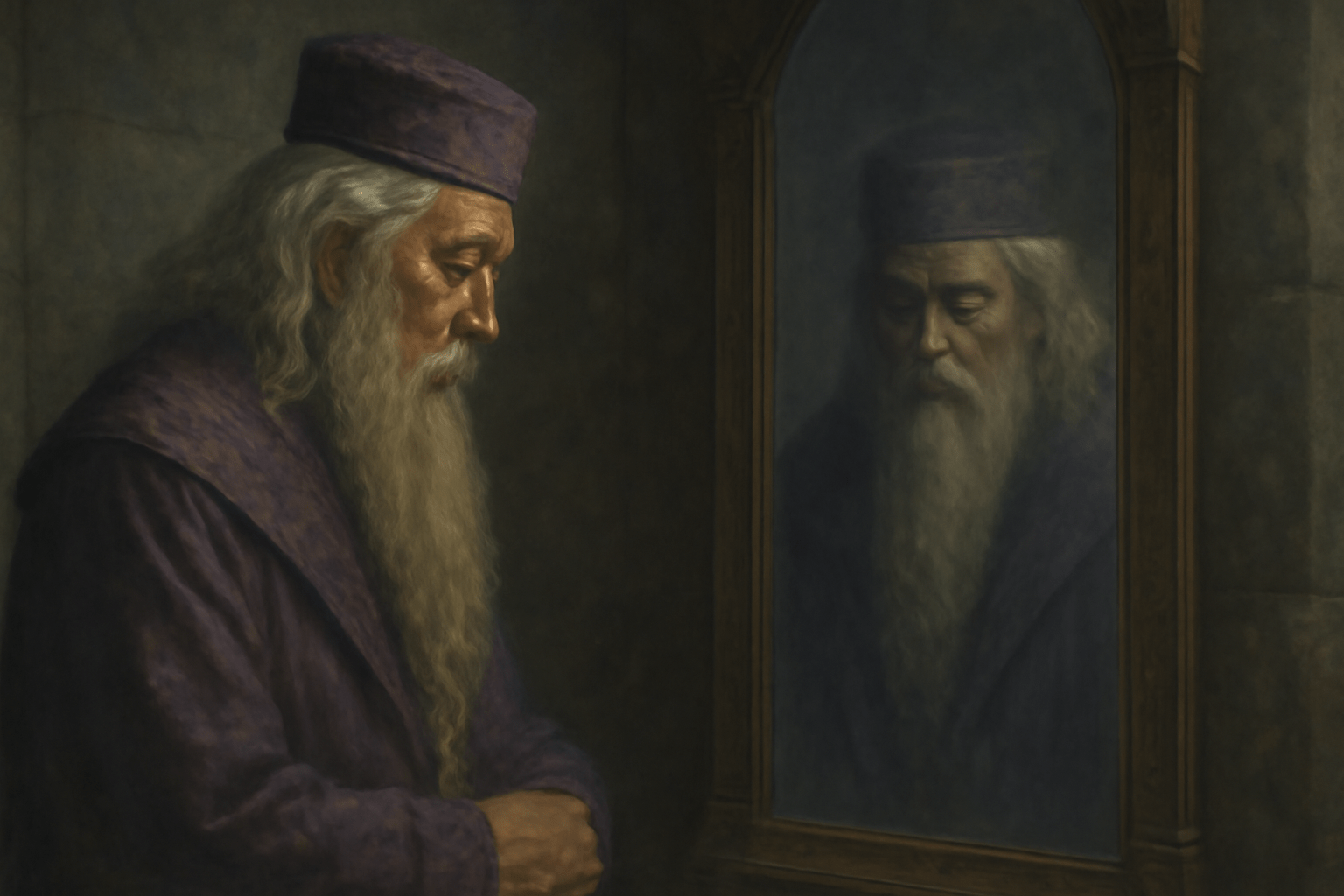 Albus Dumbledore gazing thoughtfully at his reflection in a mirror, contemplating deeply in a dimly lit room. His purple robes and long beard are illuminated by soft light, highlighting his internal conflict and wisdom. The reflective image emphasizes his introspective nature and complex character.