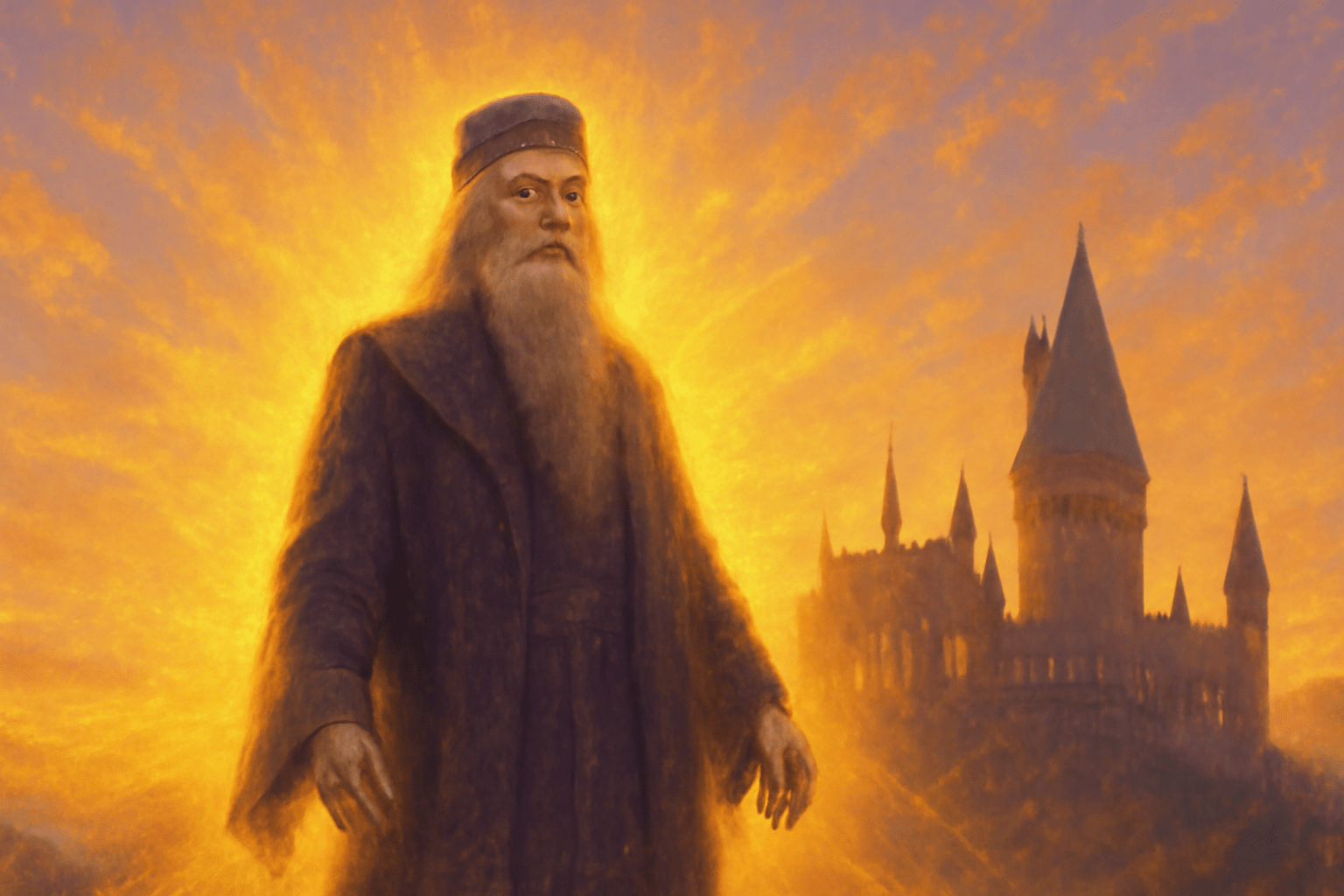 Albus Dumbledore standing tall with a glowing aura around him, symbolizing his wisdom and legacy. The backdrop features Hogwarts at sunset, with warm light casting across the sky, emphasizing Dumbledore's powerful yet peaceful stance. The magical glow highlights his lasting influence and inspiring presence.