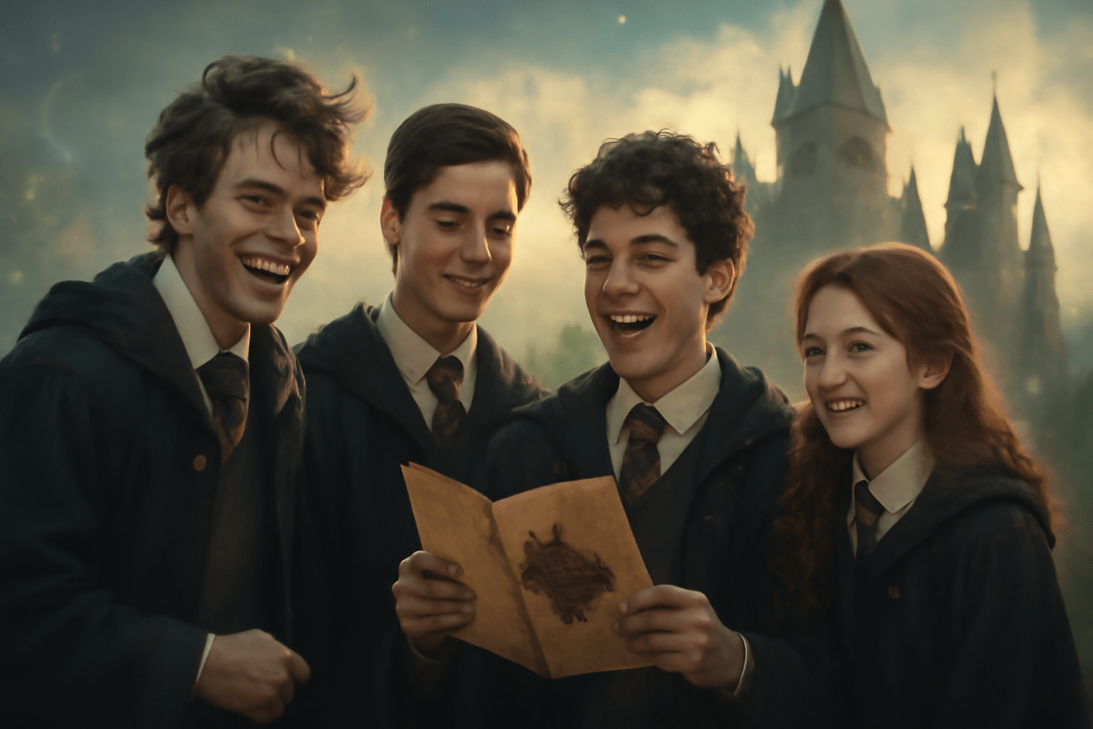 Four young Hogwarts students smiling and holding the Marauder's Map in front of Hogwarts Castle.
