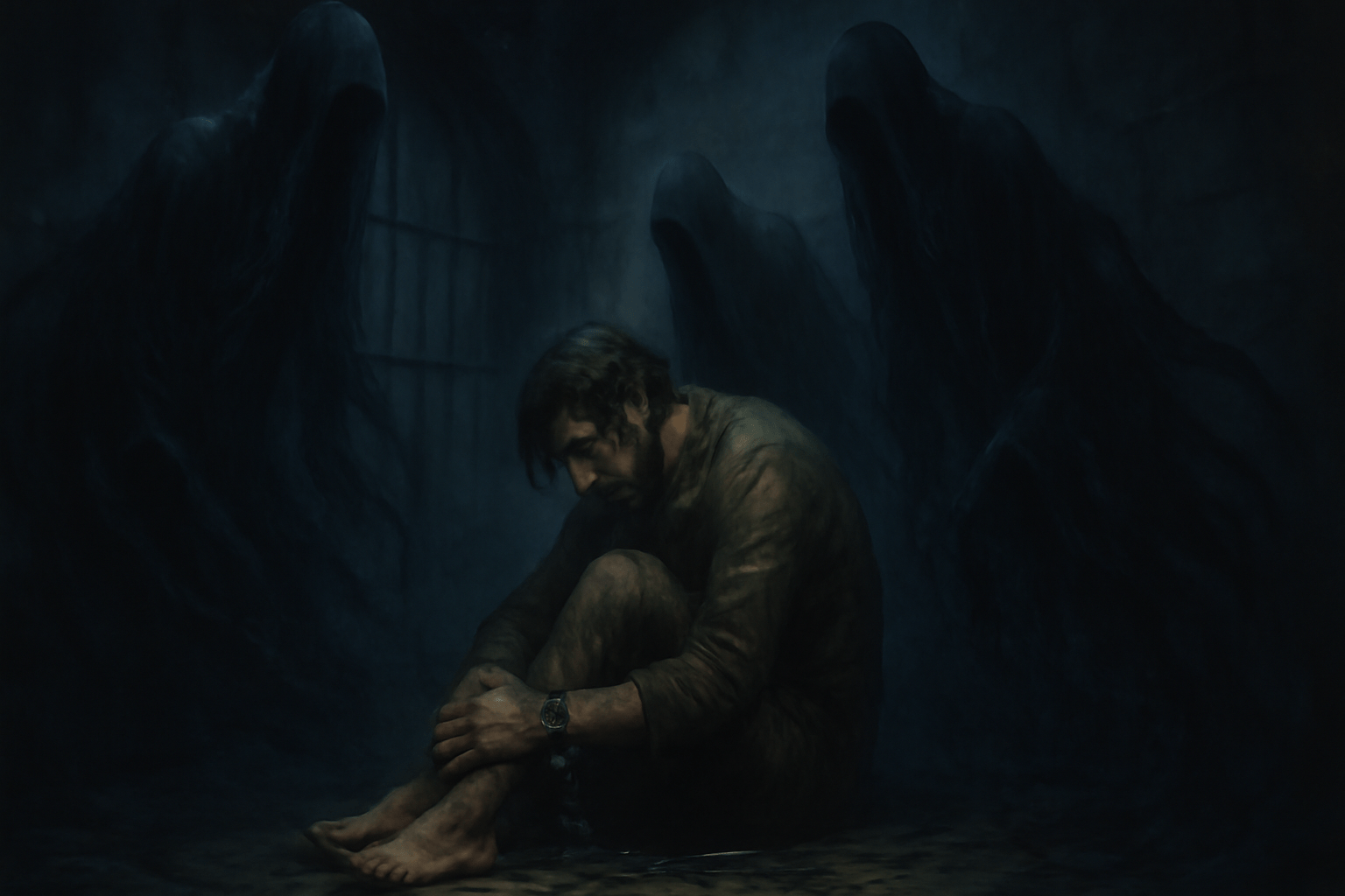 A man sitting in a dark, eerie prison cell, surrounded by Dementors in a haunting atmosphere. 