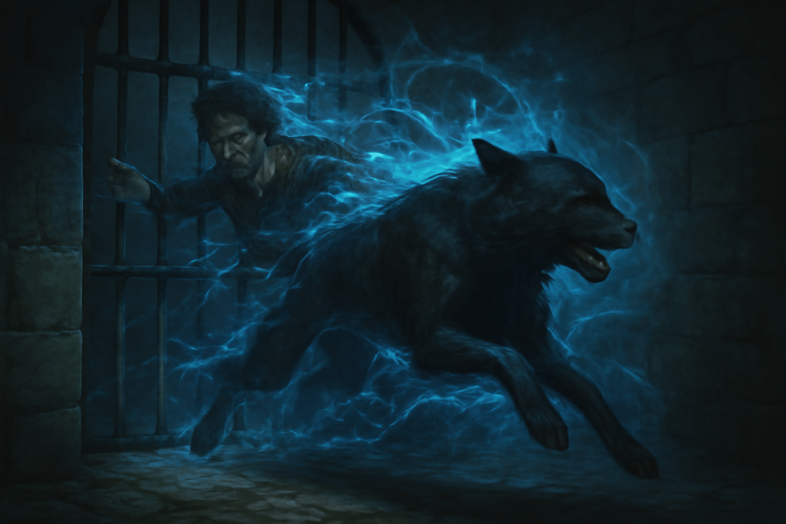 A man transforming into a black dog and escaping from a prison cell surrounded by magical blue energy. 