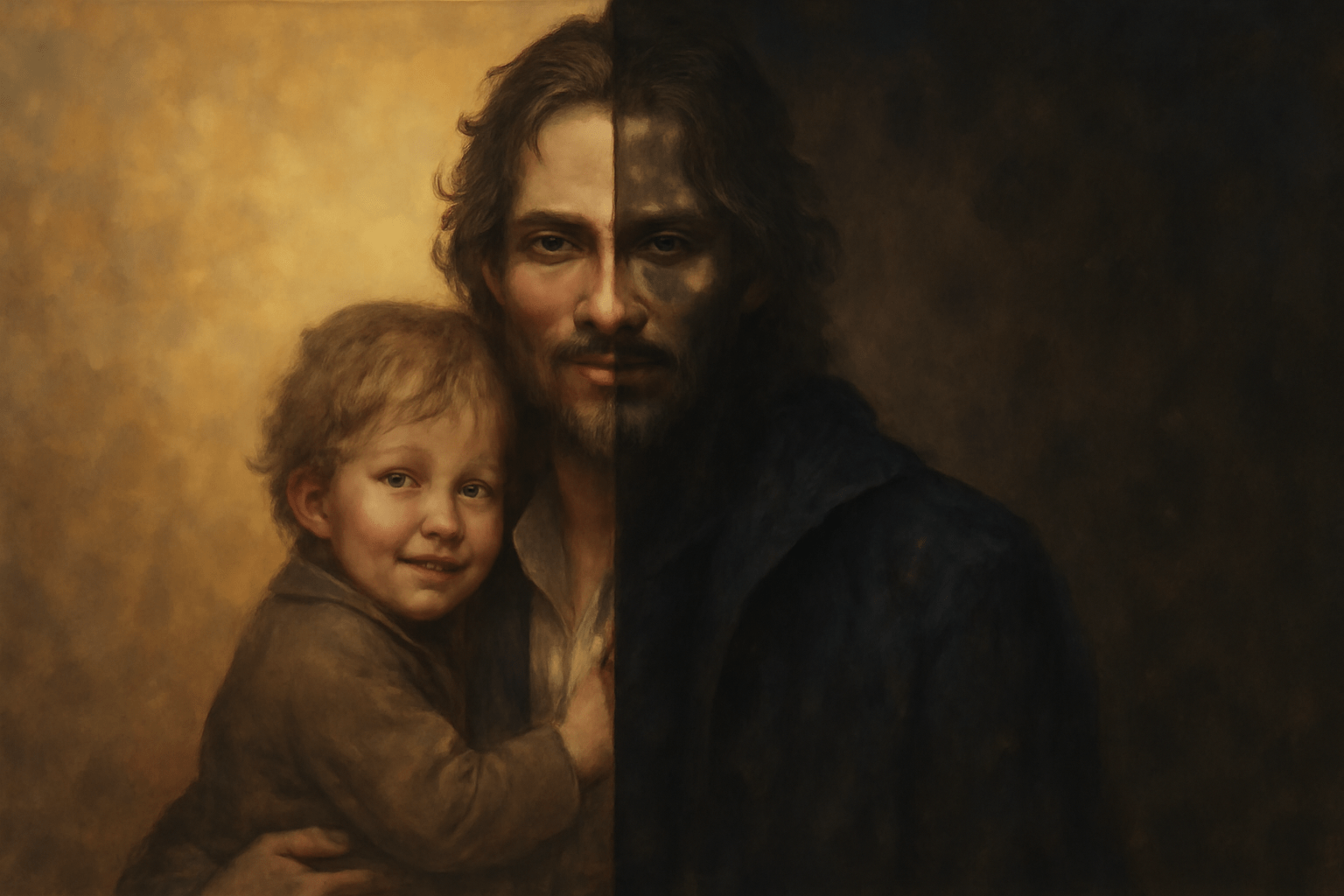 A split image of a man and a child, showing a warm portrait on one side and a darker, older version on the other. 