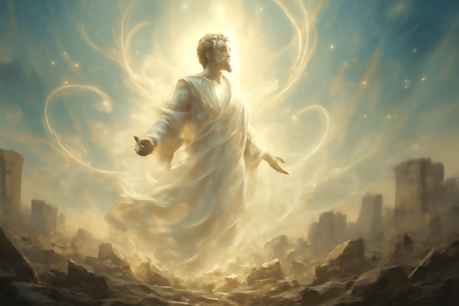 A glowing figure of a man in flowing robes, with radiant light emanating around him, symbolizing a divine or celestial being rising amidst a ruined landscape.