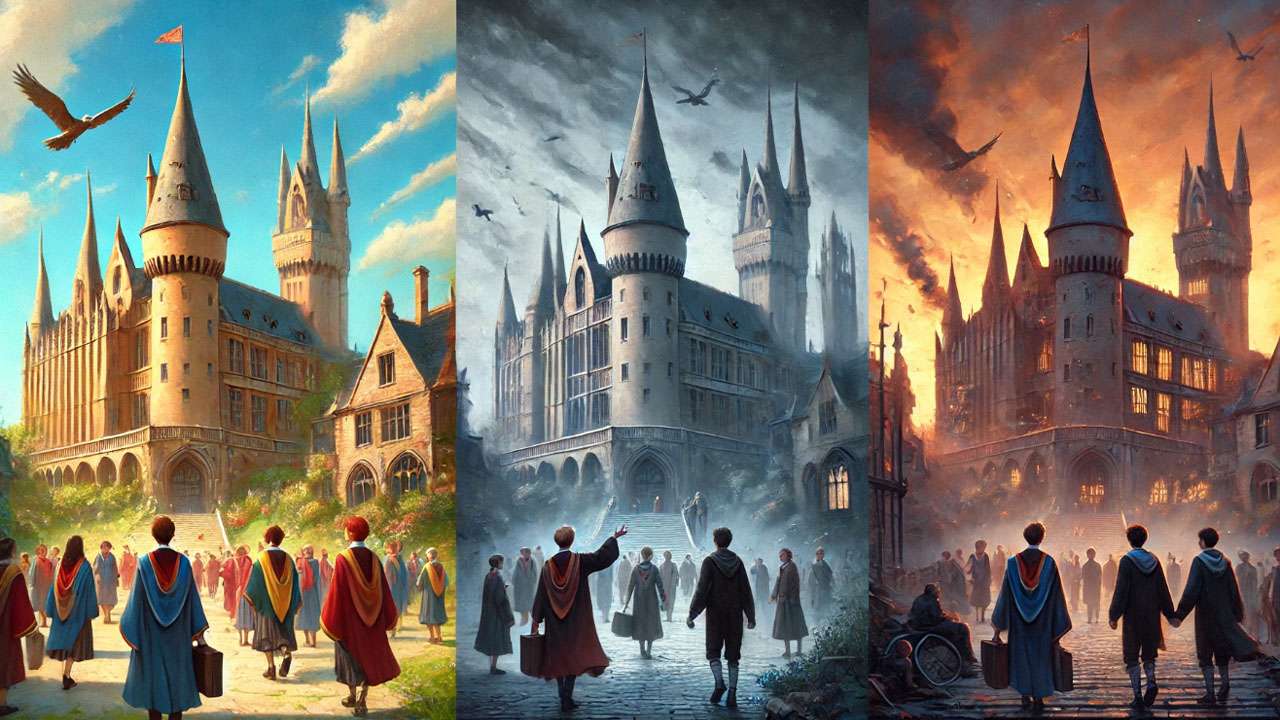Three-panel fantasy illustration of a magical school across different moods: a sunny daytime scene with students arriving, a misty twilight with a somber tone, and a fiery sunset with dramatic lighting