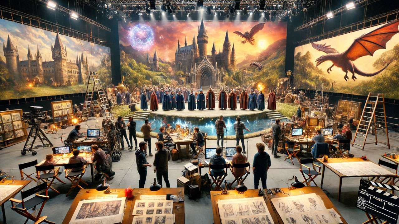 Warner Bros. Studios during the making of Harry Potter films, early concept art and behind-the-scenes moments.