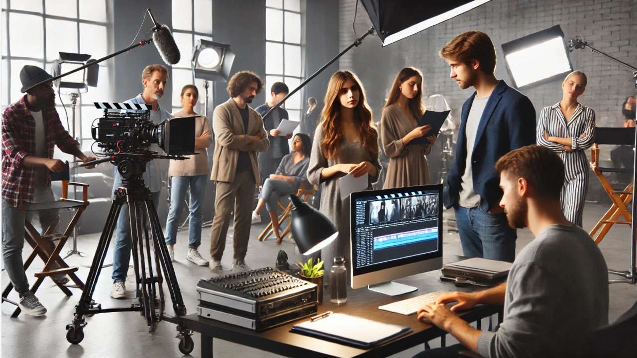 Film director and producer discussing casting choices with diverse actors on a modern film set