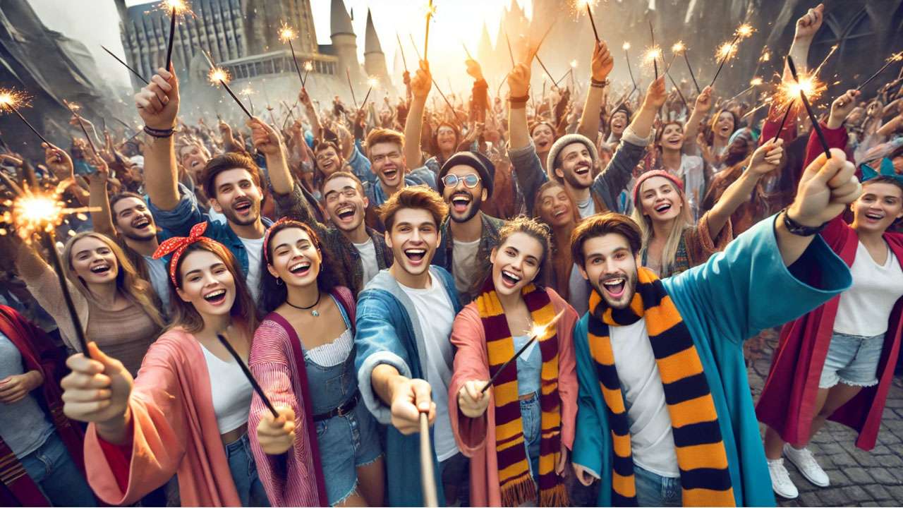 Harry Potter fans at The Wizarding World of Harry Potter theme park, celebrating cultural impact