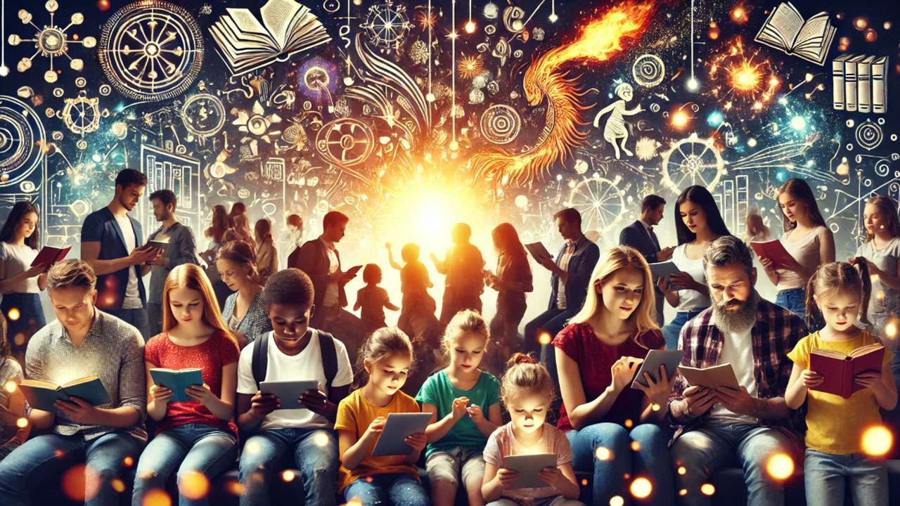 Fans of all ages enjoying Harry Potter, showcasing the franchise's global appeal and timeless themes.