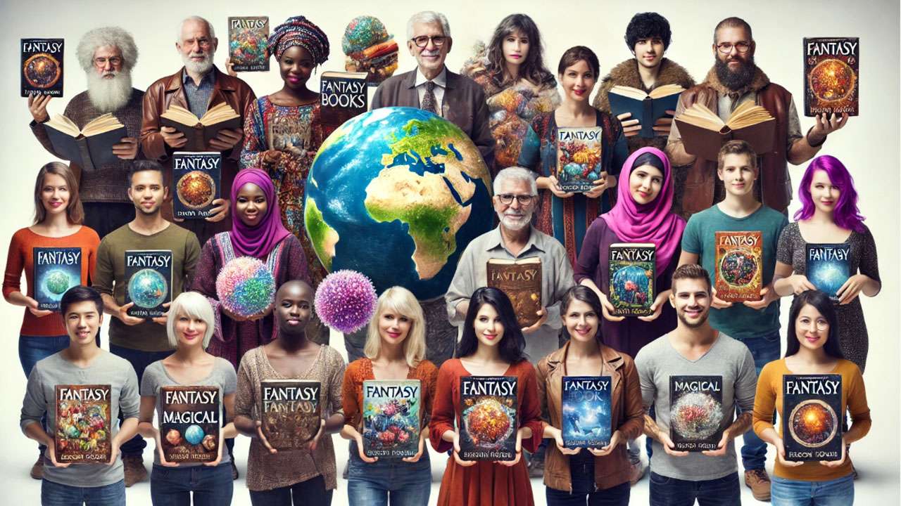 Diverse readers from around the world holding Harry Potter books, showing the series' global influence.