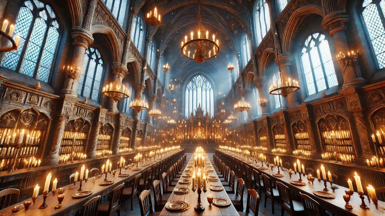 Hogwarts Great Hall with floating candles and magical set designs from Harry Potter movies.