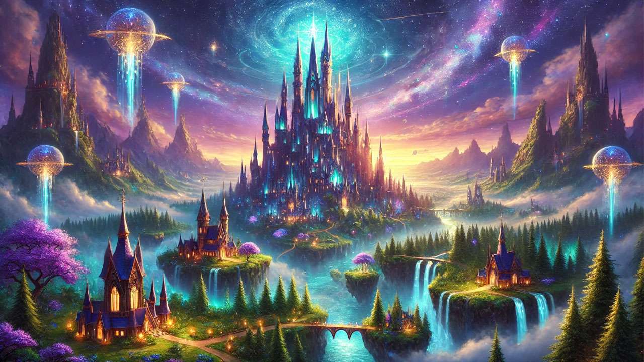 Magical landscape with a towering mystical castle and glowing rivers representing the foundation of a fantasy world.