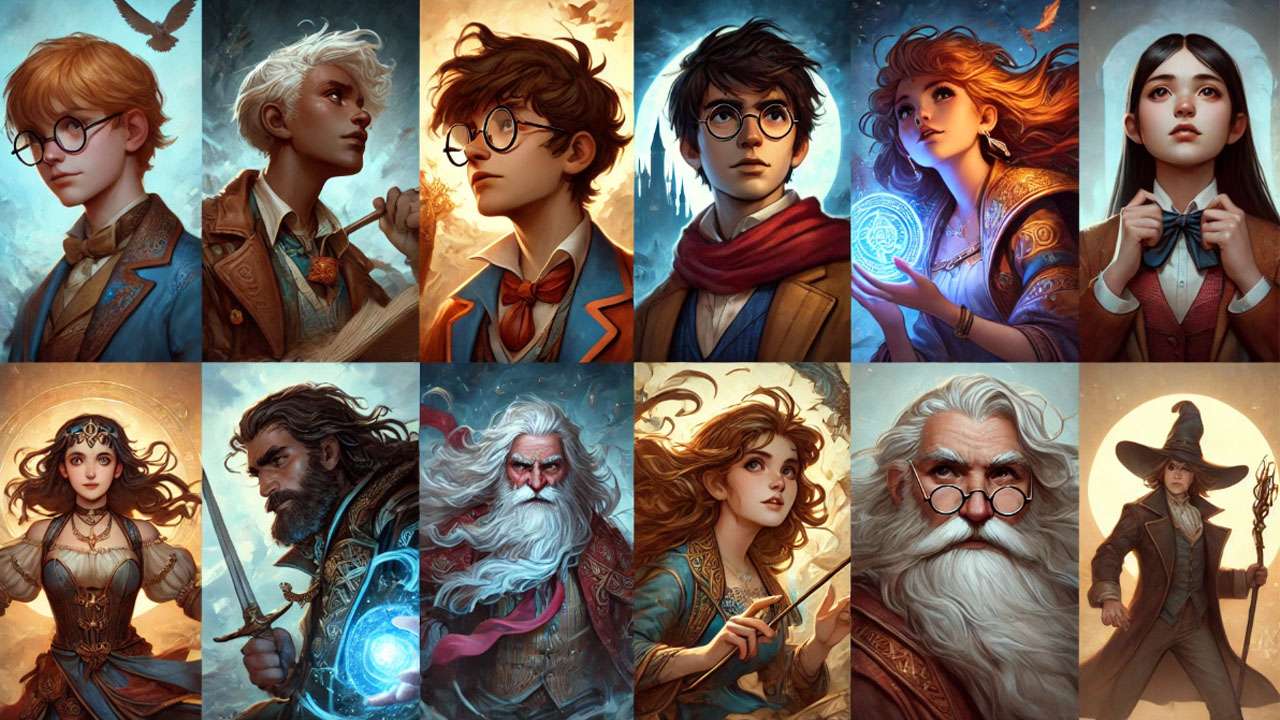 Collage of Harry Potter characters including Harry, Hermione, and Ron, portraying their iconic movie roles.