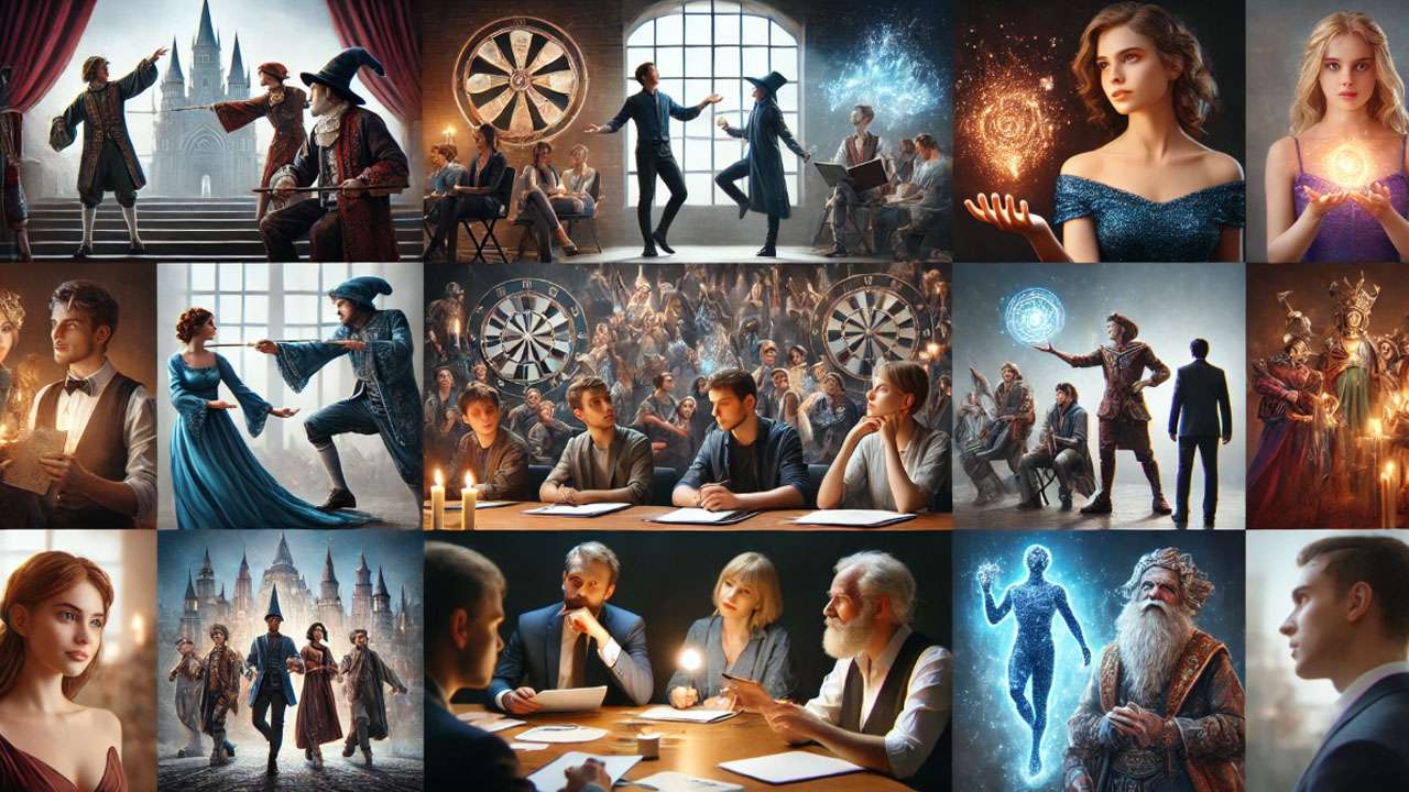 Actors auditioning for fantasy film roles, with casting directors reviewing performances during the casting process.