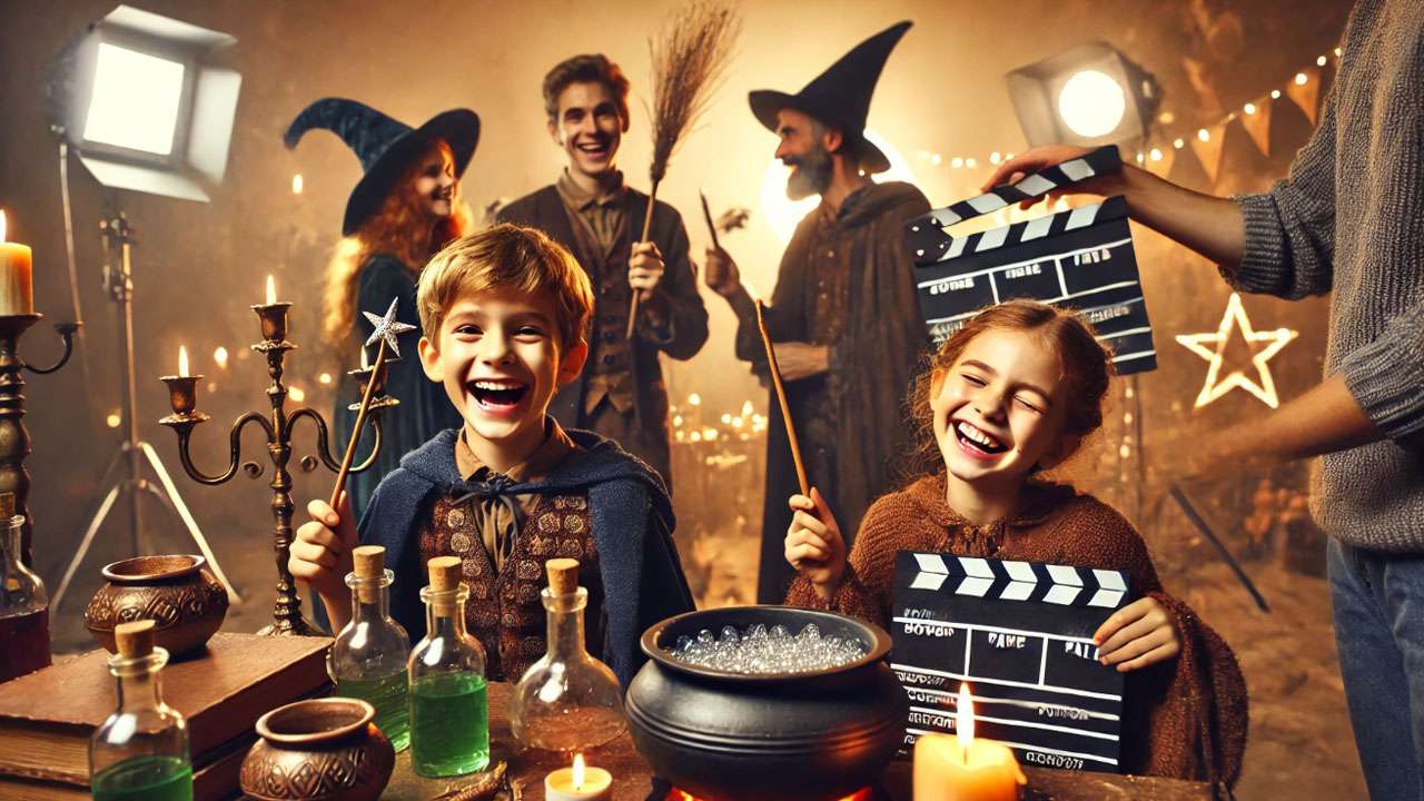 Child actors laughing with wand