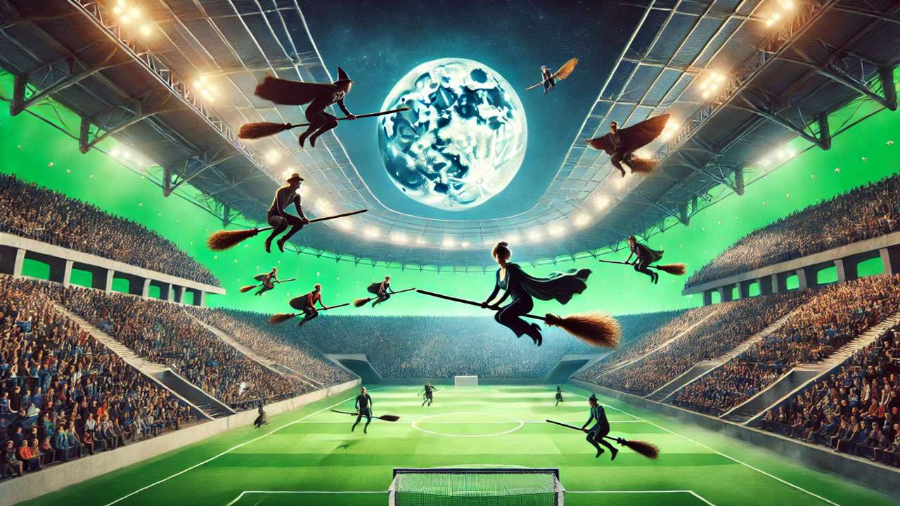 Filming Quidditch match in Harry Potter with green screens and flying broomsticks for visual effects.