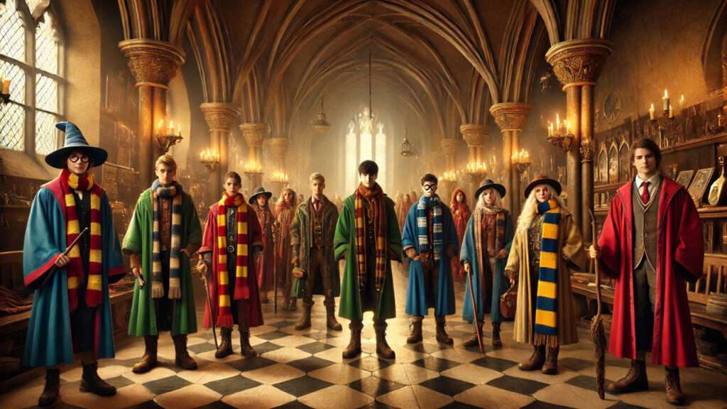 A group of fantasy school students in colorful wizard robes (red, green, blue, yellow) standing in a warmly lit, medieval stone hallway with magical details like glowing runes and trinkets.