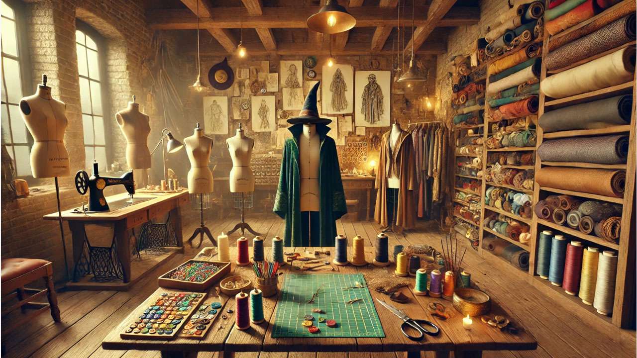  A detailed design studio with enchanted robe prototypes, sketch-covered walls, scattered buttons and fabrics, wand holsters, and glowing magical trinkets on wooden tables under warm lighting.