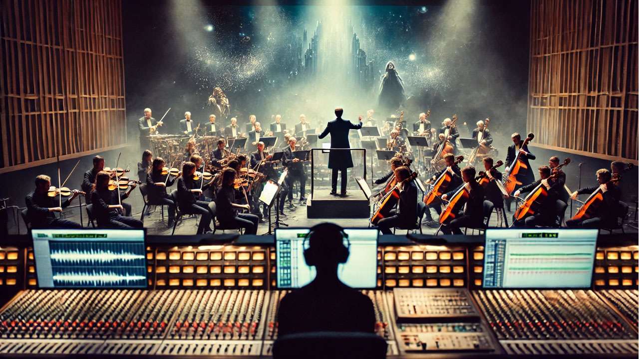 Orchestra recording John Williams' iconic 'Hedwig's Theme' for the Harry Potter soundtrack.