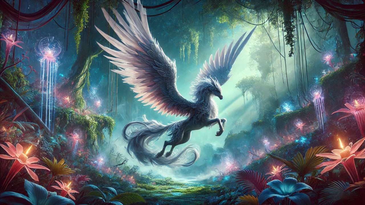Buckbeak the Hippogriff flying through the Forbidden Forest, showcasing magical creatures and locations in Harry Potter.