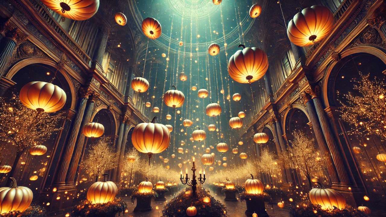 Floating pumpkins in the Great Hall during the Yule Ball in Harry Potter