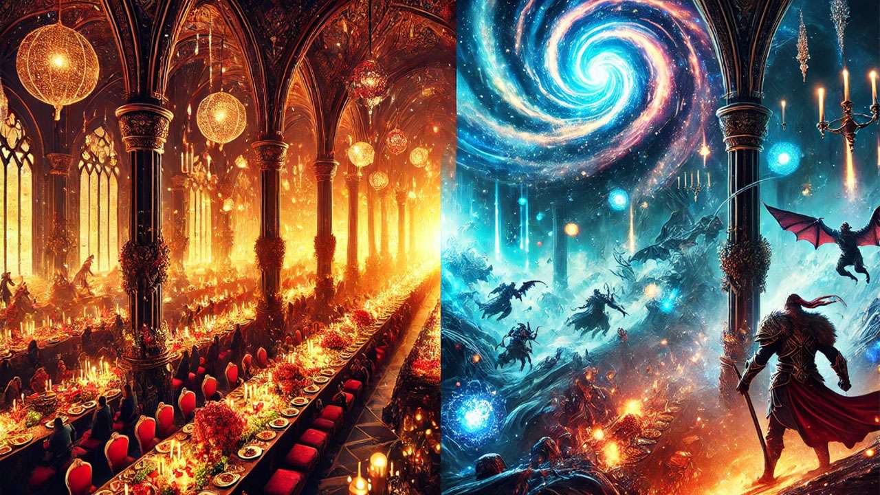Split image of a lighthearted feast in the Great Hall and the intense Battle of Hogwarts, showcasing the shift in tone in Harry Potter films