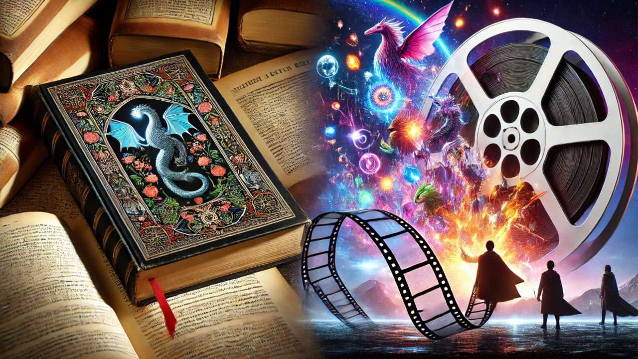 A split image of a Harry Potter book and a film scene showing the challenge of adapting a vast story into film.