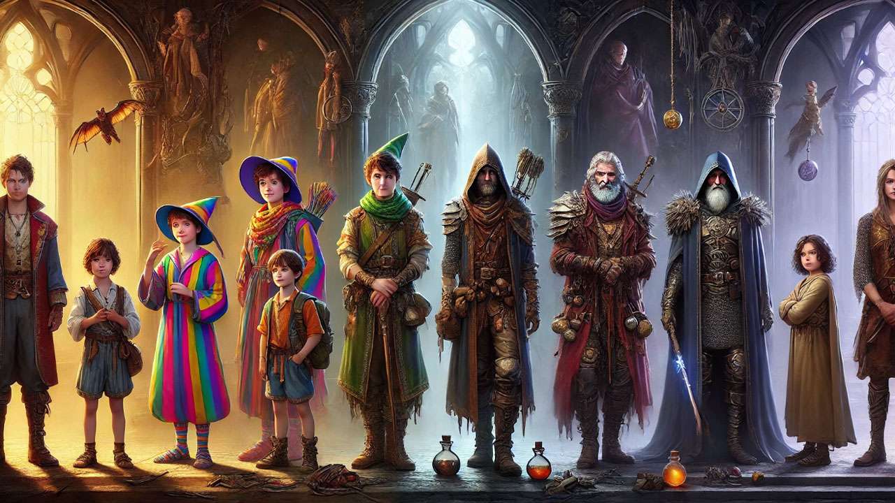 A group of fantasy characters shown in a side-by-side evolution. On the left, children and young teens wear brightly colored, whimsical robes and pointed hats, symbolizing innocence and youth