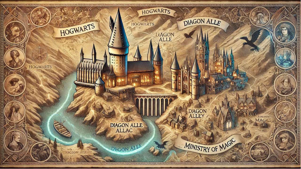 Detailed map of the Harry Potter wizarding world, including Hogwarts, Diagon Alley, and the Ministry of Magic.