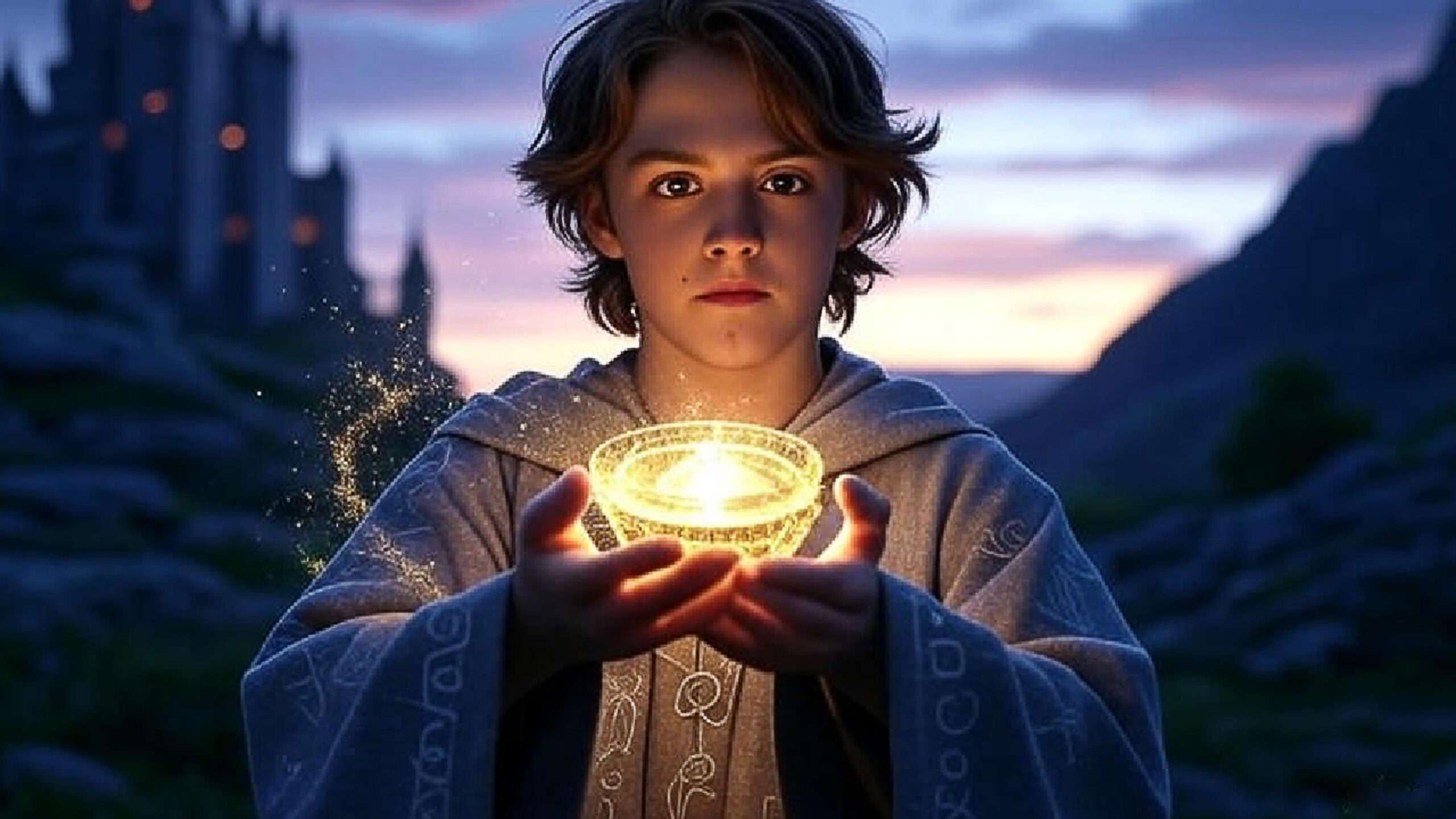 Realistic image of a young wizard holding a glowing magical artifact with a determined and triumphant expression, set against a fantastical landscape with a castle, symbolizing victory and growth, 16:9 aspect ratio.
