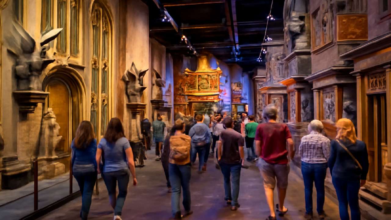 Visitors walking through the Warner Bros. Studio Tour, exploring the Great Hall and iconic Diagon Alley sets. The magical atmosphere captures detailed props, costumes, and the immersive world of Harry Potter.