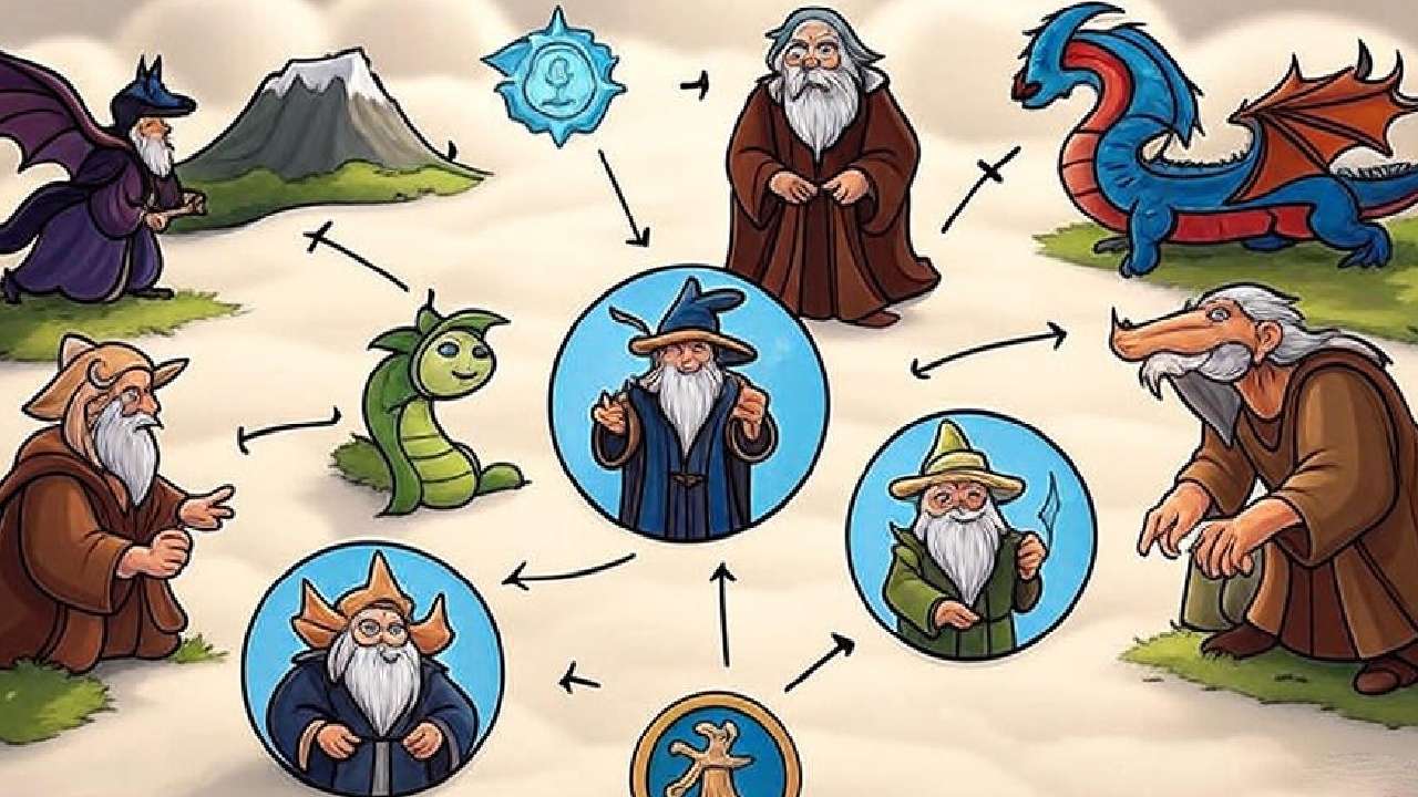 Educational diagram of the Hero’s Journey featuring 12 stages with symbolic icons, including a central wizard, a mentor figure, threshold crossing, and final confrontation, designed in a clean and visually engaging style, perfect for storytelling and literature studies.
