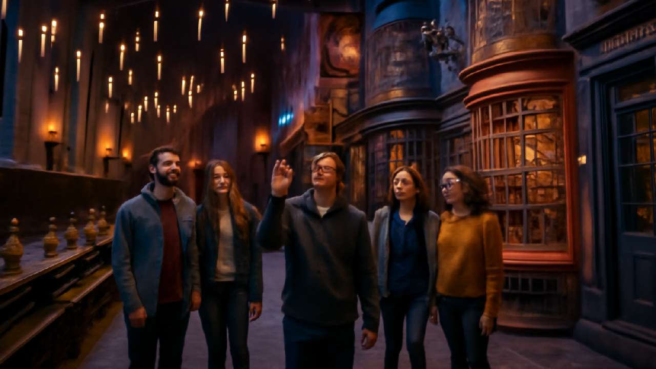 A group of tourists exploring a Harry Potter-themed set, such as the Great Hall or Diagon Alley, with magical elements like floating candles, wands, and enchanted items in the background, in a vibrant, magical atmosphere.
