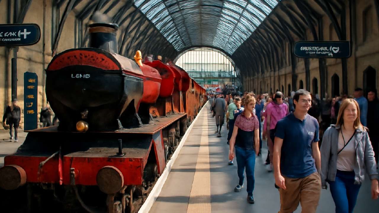 A vibrant and magical scene of the Warner Bros. Studio Tour, showcasing the Hogwarts Express, Diagon Alley with magical shops, and wizards walking through a fantastical setting, full of life and magic.