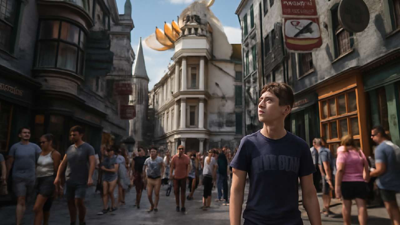 Exciting scene from Universal Studios' Diagon Alley, featuring visitors strolling through the cobblestone street, exploring magical shops and attractions. Gringotts Bank and its fierce dragon stand tall in the background, while tourists, including a young boy in casual attire, enjoy the enchanting atmosphere of the Wizarding World