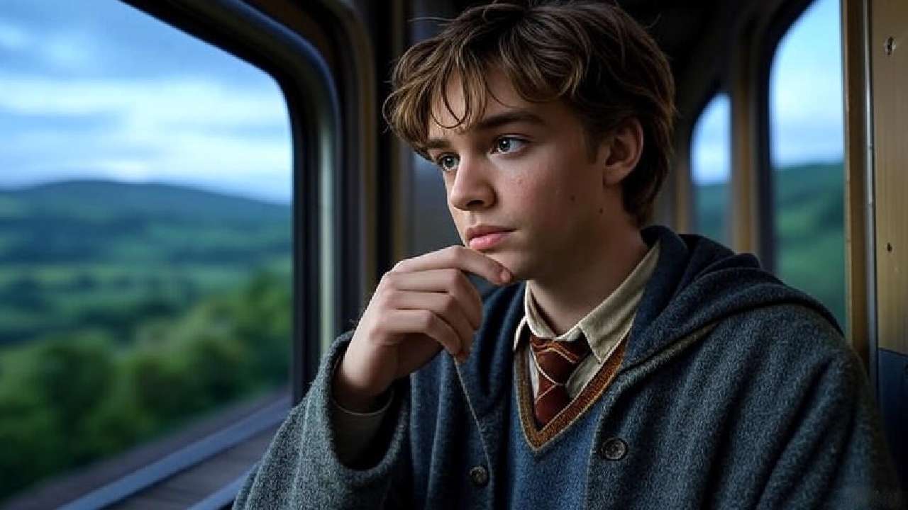 Realistic image of a young wizard gazing thoughtfully out of a train window, with a landscape transitioning from magical to mundane, his expression reflecting growth and new understanding, symbolizing a return to the ordinary world.