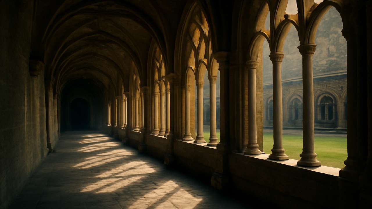 A serene and mystical scene of Durham Cathedral cloisters, with sunlight filtering through stone arches, and a quiet, reflective atmosphere. The scene should evoke a sense of hidden magic and calm.