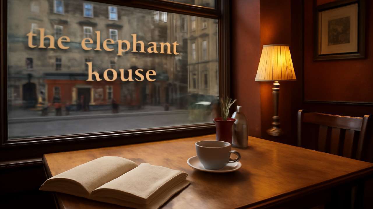 Warm and inviting scene inside The Elephant House café in Edinburgh, with an open book and coffee cup on a wooden table, bathed in soft natural light. The charming historic streets of Edinburgh are reflected in the window, offering a cozy and literary ambiance where J.K. Rowling wrote the Harry Potter books.
