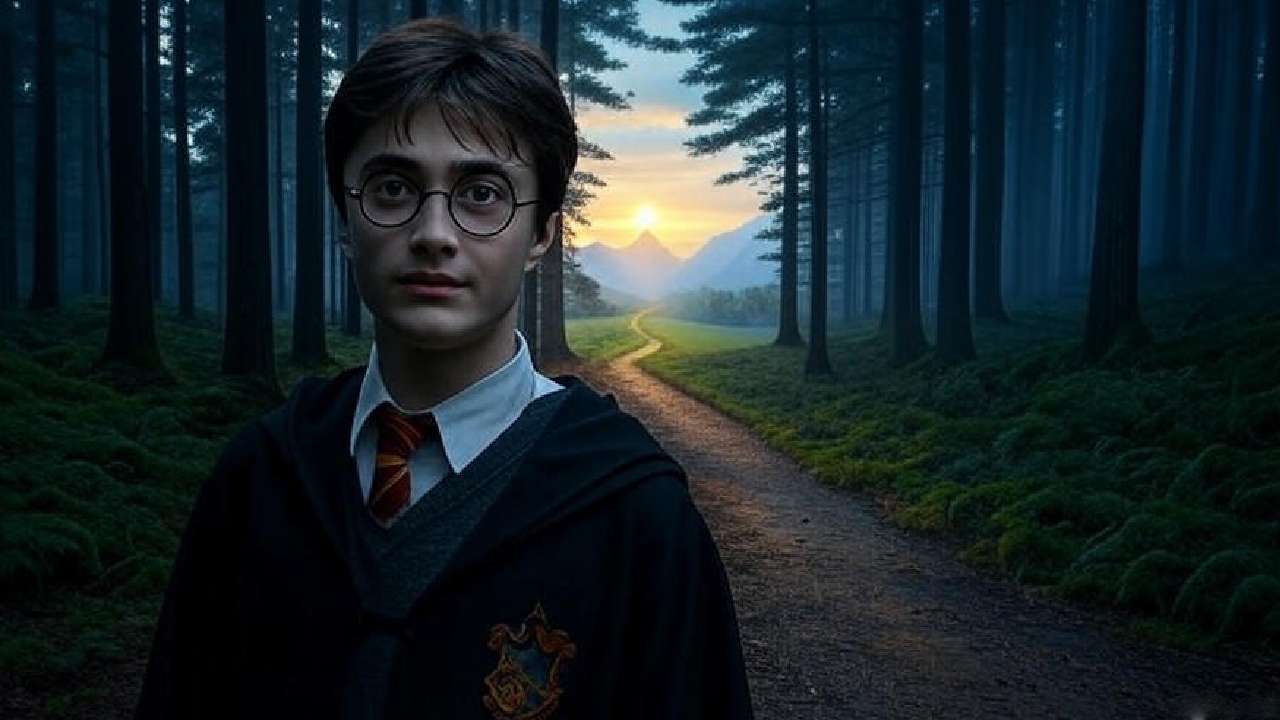 Harry Potter stands at a forest crossroads, symbolizing personal growth and transformation, with one path leading to a bright magical landscape and the other to a shadowed unknown realm.
