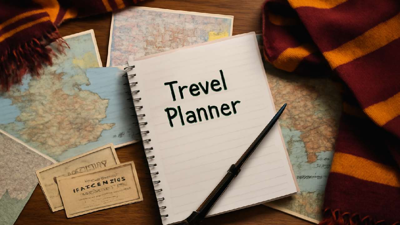 A travel planner with a Harry Potter theme, showing maps, tickets, a wand, and a scarf on a wooden desk, with a soft and inviting travel ambiance.