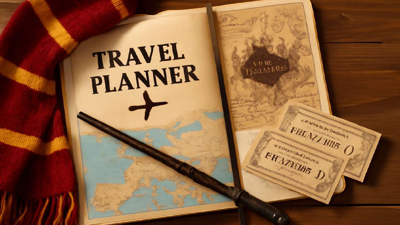 Harry Potter-themed travel planner with maps, tickets, a wand, and a Gryffindor scarf arranged on a wooden desk, creating a warm and inviting atmosphere for vacation planning.
