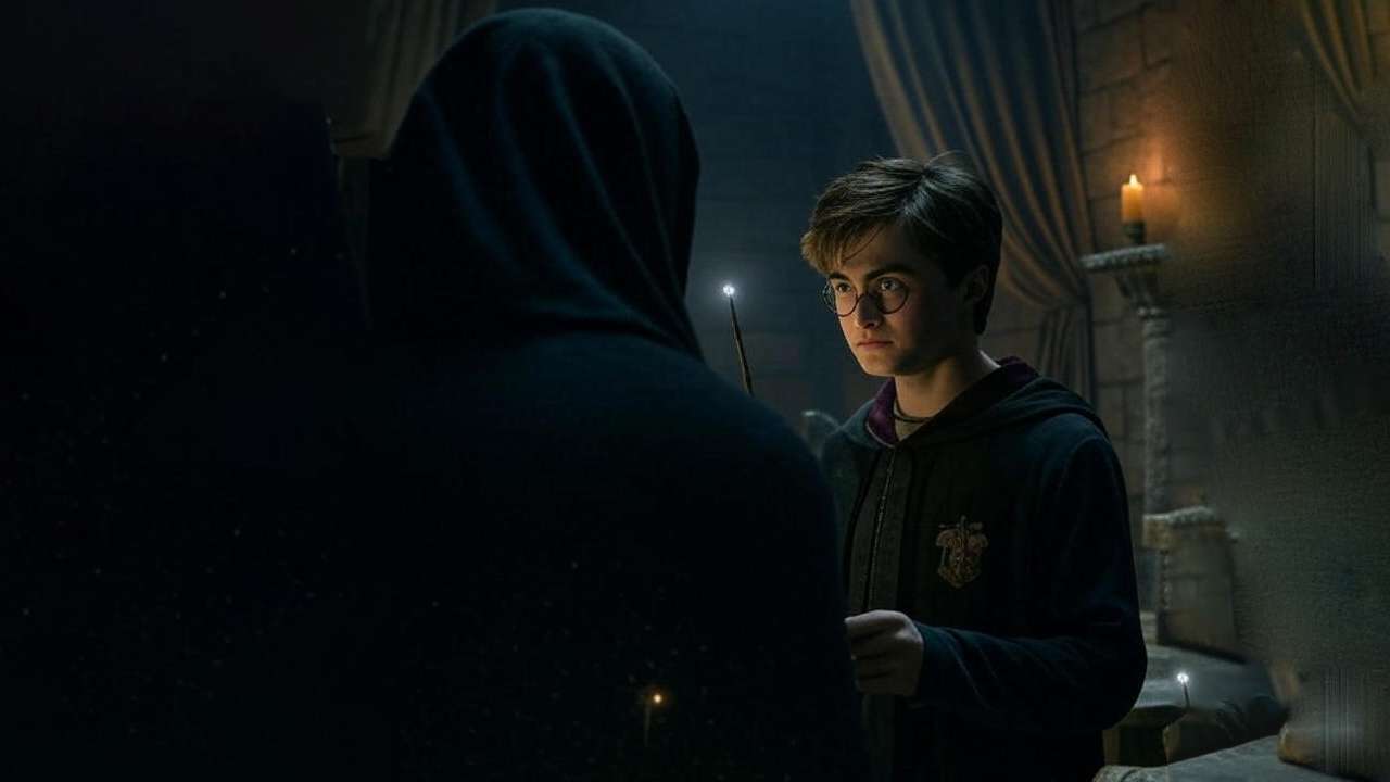 Intense fantasy battle scene in a dark, ancient room featuring a young wizard with a raised wand facing a mysterious cloaked dark figure, surrounded by a magical and tense atmosphere, ideal for fantasy art and epic confrontation themes.