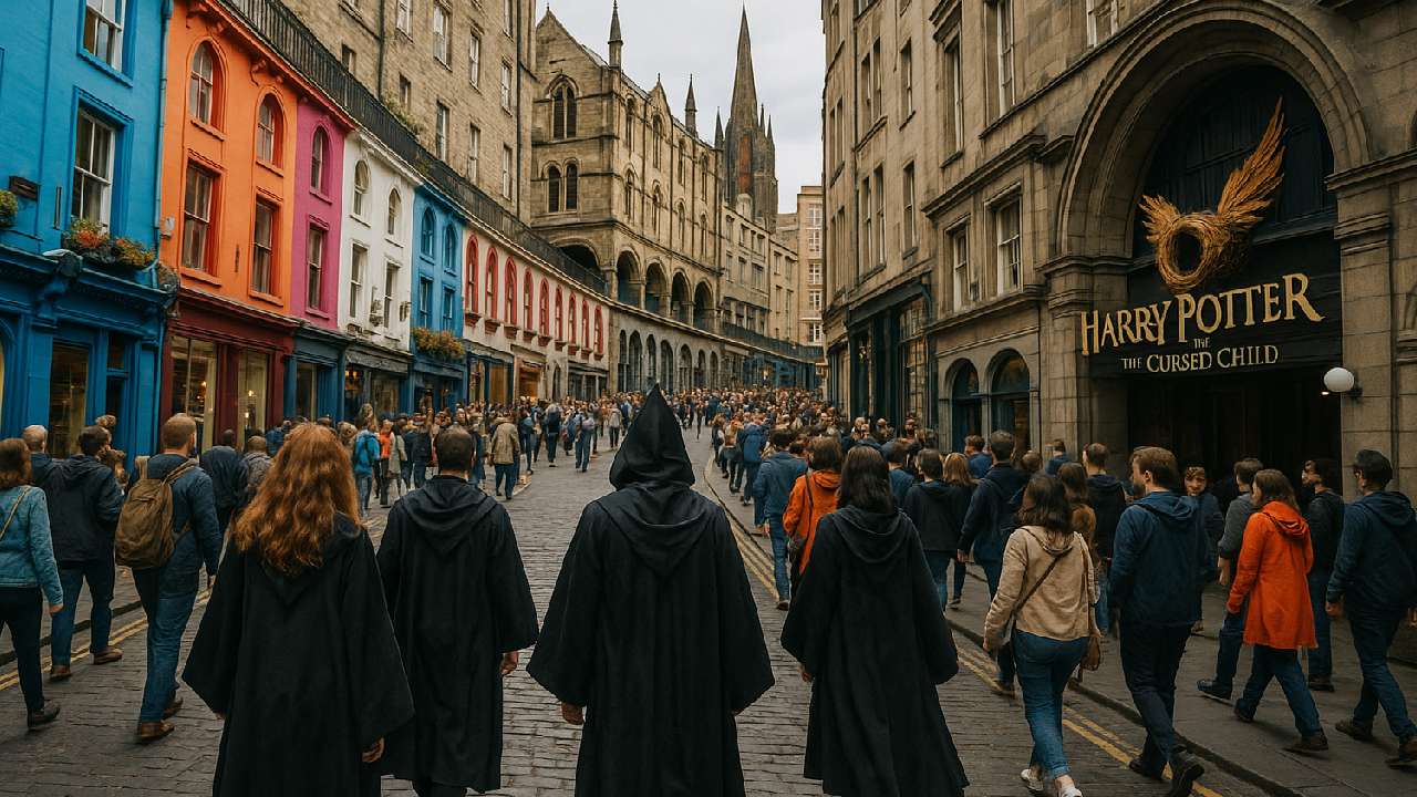 Crowds of Harry Potter fans walk along Edinburgh’s iconic Victoria Street, with colorful storefronts and the 'Harry Potter and the Cursed Child' theater sign in view, capturing a magical city tour atmosphere. 