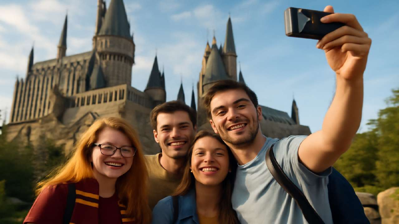 A group of excited tourists standing in front of the Hogwarts castle, smiling and capturing the moment with their camera. The scene should feel like the magical end of a journey, full of excitement and wonder.