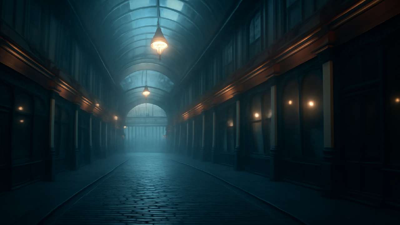 Enchanting photo of Leadenhall Market in London, with misty cobblestone streets and Victorian architecture, creating a serene and magical atmosphere under soft lantern light.
