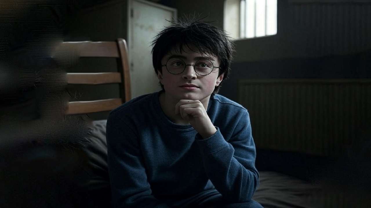 Realistic depiction of a young boy resembling Harry Potter sitting thoughtfully in a dimly lit, small room under the stairs, surrounded by mundane items like a cupboard, conveying a sense of isolation and longing for something more.
