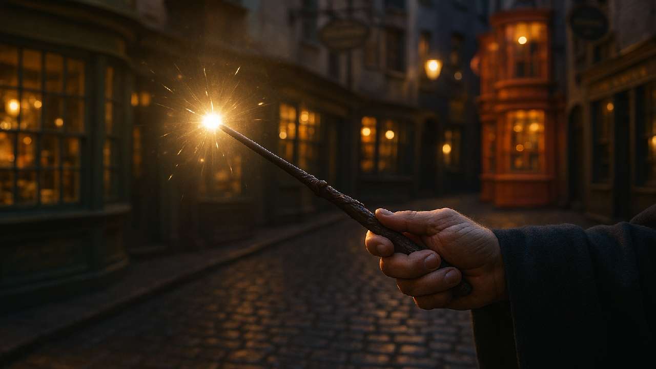 Close-up of a wizard’s hand casting a glowing spell with a wand in Diagon Alley, with magical sparks illuminating cobblestone streets and enchanted shopfronts in the twilight. 