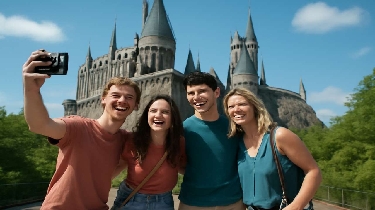A group of four light-skinned tourists smiling and taking a selfie in front of Hogwarts Castle, with the iconic Gothic spires towering in the background under a bright, sunny sky.
