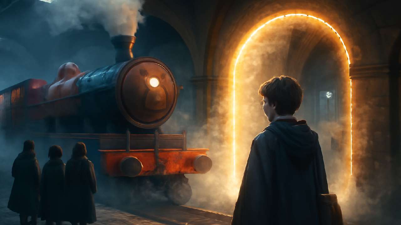 Young wizard standing before a glowing magical portal and a steam train at a mystical train station, evoking a fantasy adventure setting similar to Harry Potter.
